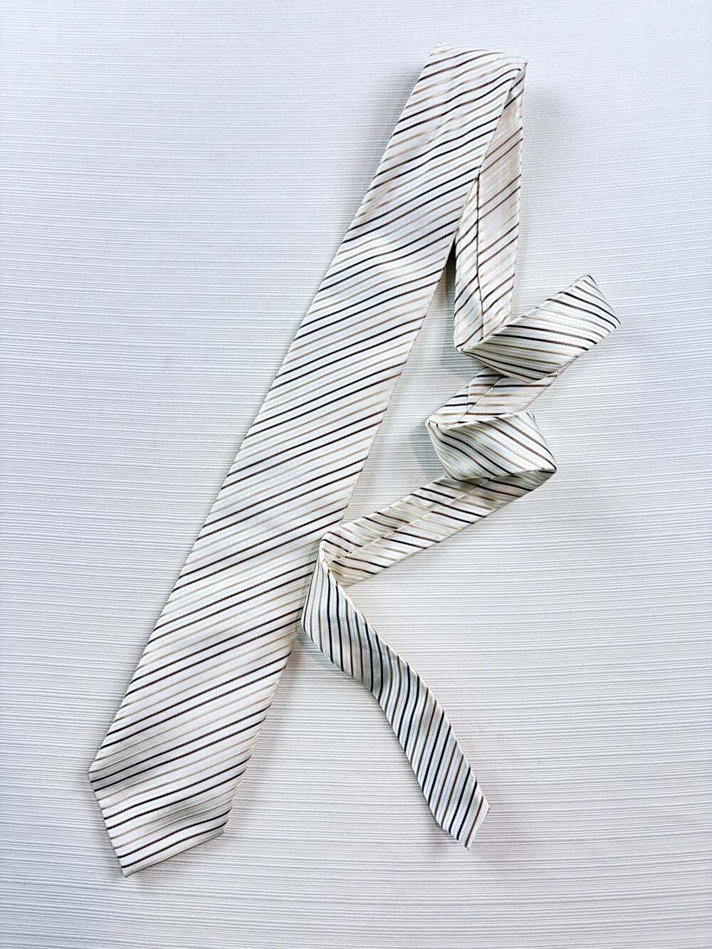 Alain Dupetit Striped Silk Necktie White Tan Brown